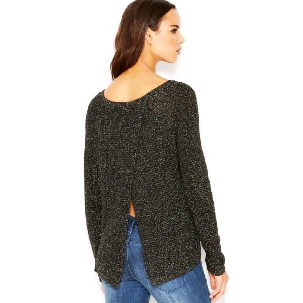Rachel Roy Metallic Fleck Black Crochet Tulip‎ Open Back Sweater S Cozy
